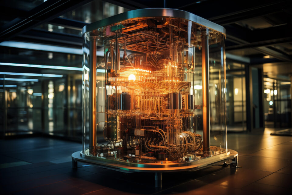 A cutting-edge quantum computer in transparent enclosure, showcasing intricate wiring and glowing components. High-tech setup is situated in modern lab with advanced technology and ambient lighting