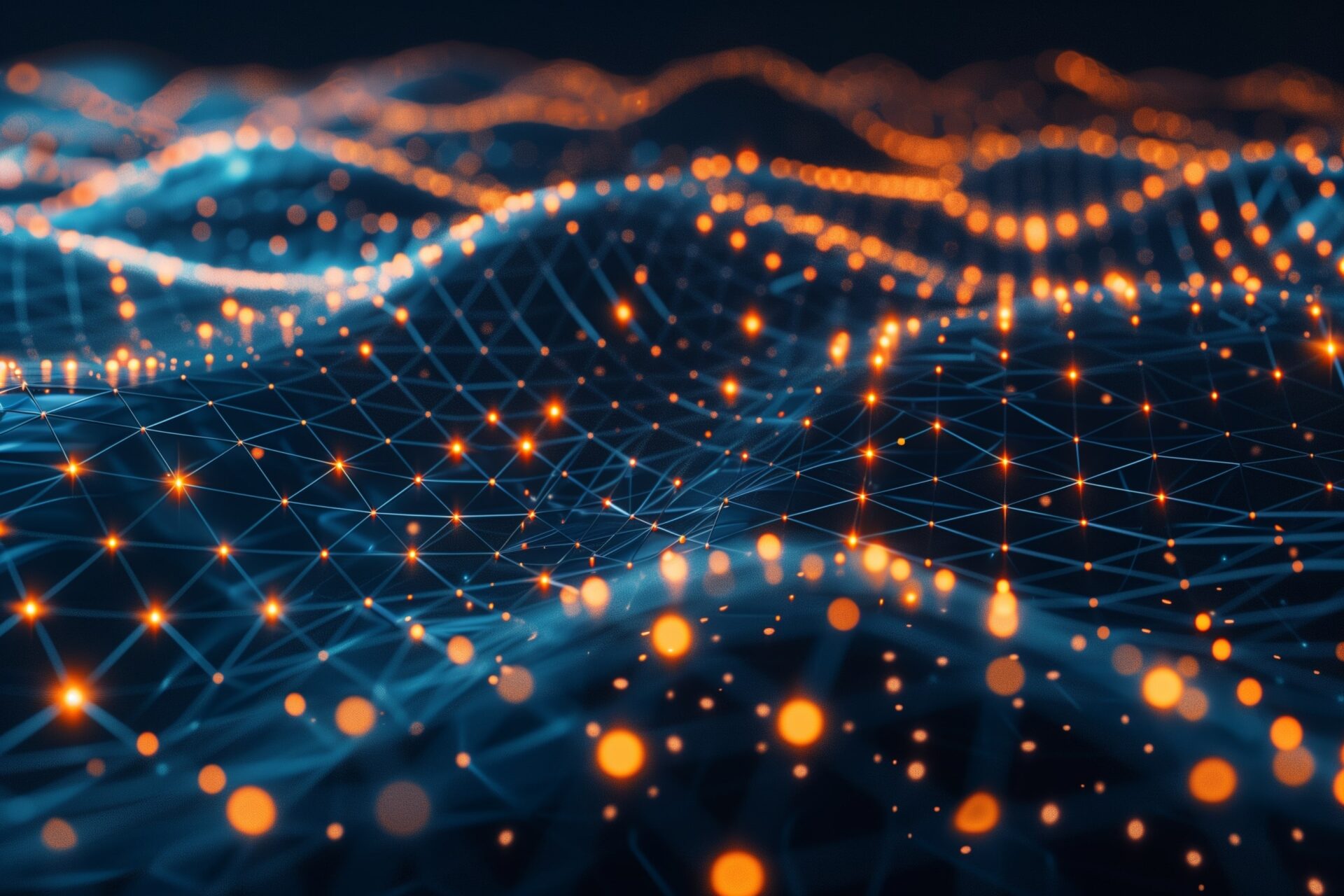 Abstract 3D grid with glowing data points and nodes, neural network concept, AI and machine learning data flow.