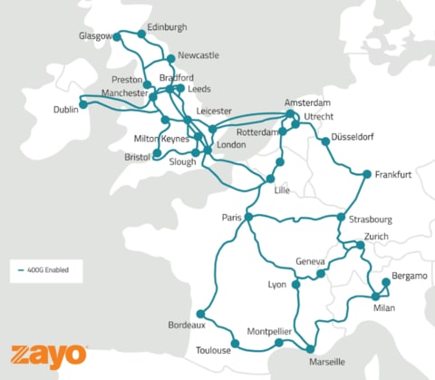 Map of Zayo's 400G enabled route across Europe. (Photo: Business Wire)