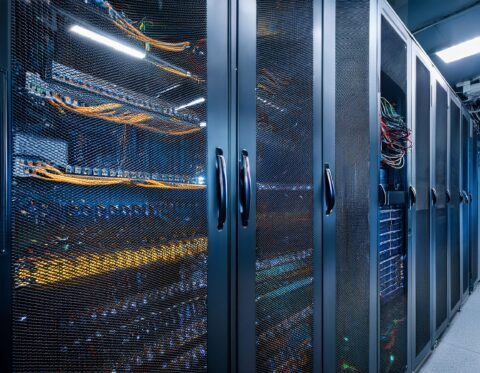 sleek, modern data center with organized cables and equipment