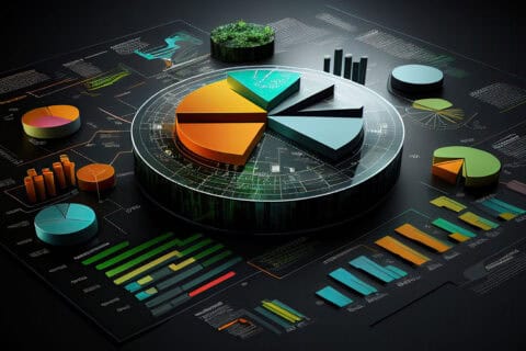 Big data analytics report. Infographic with graph and chart on abstract background. Distribution of data by business categories. Generative AI