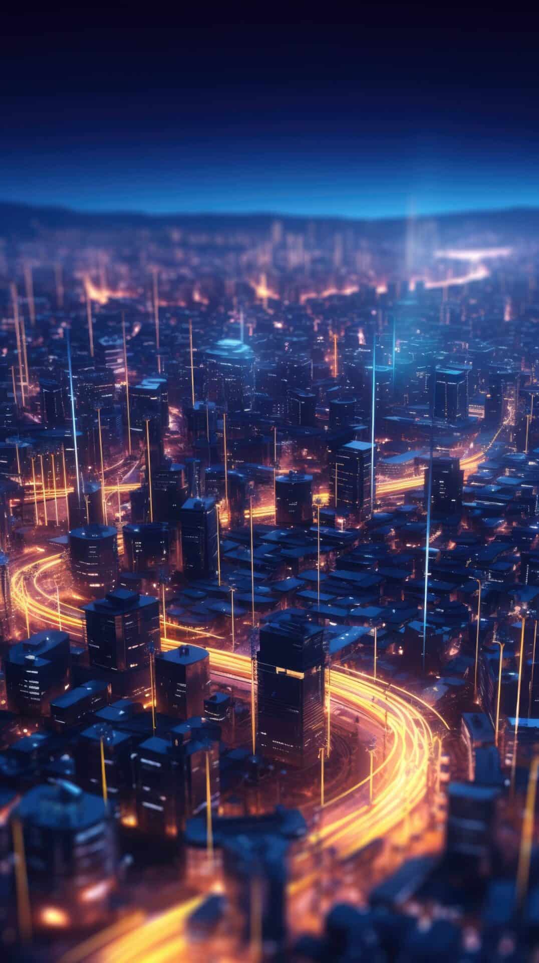 Abstract background of high speed global data transfer and super fast broadband in futuristic tech city at night - Generative AI illustration