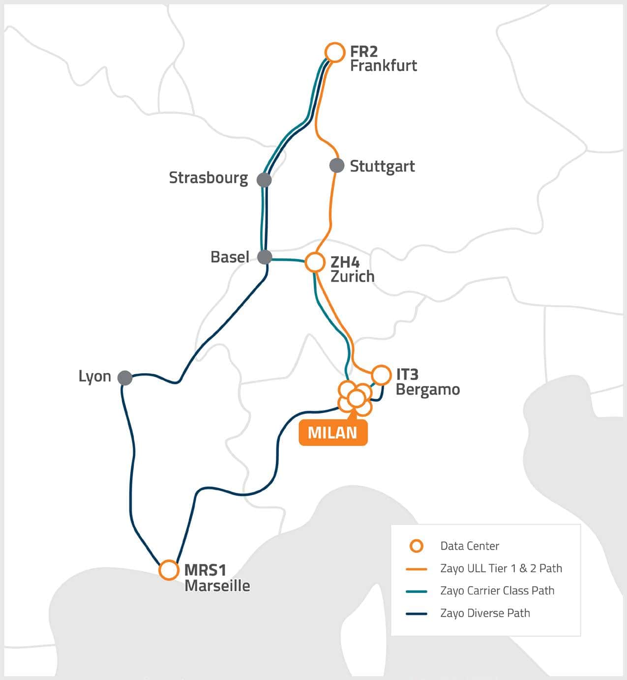 Zayo Makes Connecting to Euronext Faster Than Ever 1 map Frankfurt Bergamo ULL Route Overview