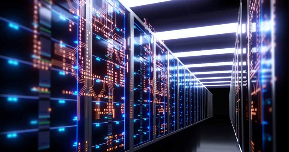 3D illustration of server room in data center full of telecommunication equipment,concept of big data storage and cloud computing technology.